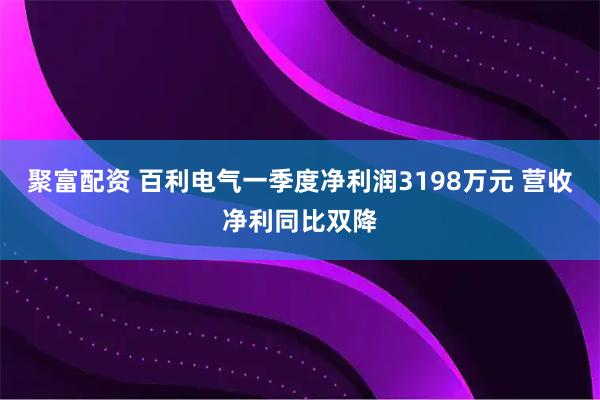 聚富配资 百利电气一季度净利润3198万元 营收净利同比双降